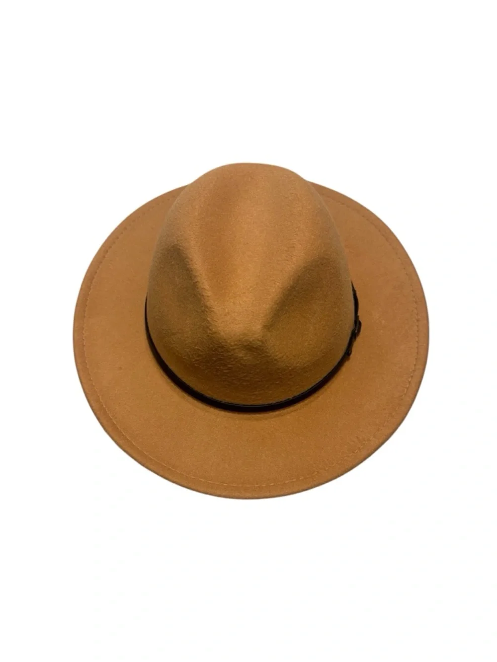 Camel Wide Brim Fedora Hat Tan Felt Panama Style with Buckle Belt Detail